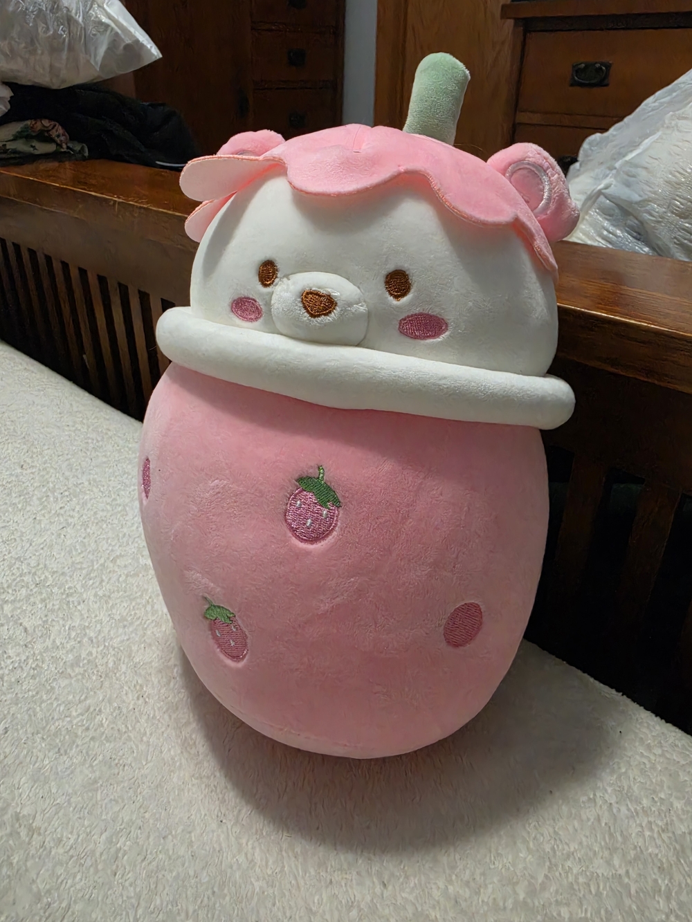 Kawaii Strawberry Bubble Tea Bear Plush Stuffed Animal - Picture 2 of 5